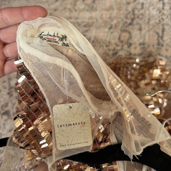 Free People NEW Disco Fever Sequin Mini Slip Dress Rose Gold Champagne Womens L - Picture 4 of 13